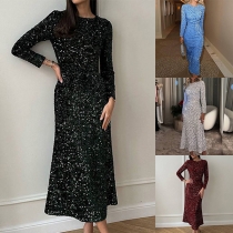 Fashion Bling-bling Sequin Crew Neck Long Sleeve Midi Dress