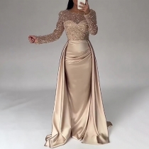 Sequined Long-Sleeve Evening Gown