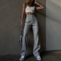 High-Waisted Solid Color PU Leather Straight Casual Pants