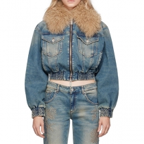 Vintage-Style Cropped Zip-Up Denim Jacket with Removable Fur Collar