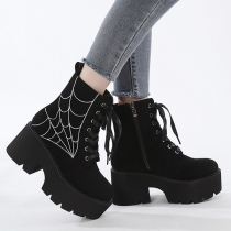 Side Zipper Front Lace-Up Spider Web Boots
