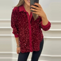 Long Sleeve Relaxed-Fit Sequined Blouse