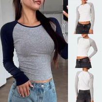 Fashion Contrast Color Crew Neck Long Sleeve Shirt