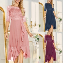 Fashion Boat Neck 3/4 Sleeve Ruffle Irregular Hemline Lace Spliced Chiffon Dress