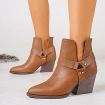 Retro Short Boots with Side Buckle Decoration, Comfortable Thick Heel, and Pointed Toe