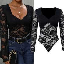 Sexy V-neck Long Sleeve Semi-through Lace Bodysuit