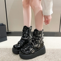 Height-Increasing Platform Combat Boots with Metal Buckles