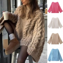 Fashion Crew Neck Long Sleeve Loose Cable Pattern Knitted Sweater