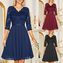 Fashion V-neck Elbow Sleeve Lace Spliced Chiffon Dress