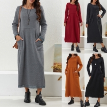 Casual Solid Color Crew Neck Long Sleeve Patch Pockets Dress