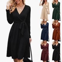 Fashion Solid Color V-neck Long Sleeve Wrap Dress
