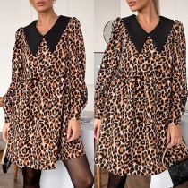 Fashion Polo-neck Long Sleeve Leopard Print Dress