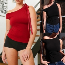 Sexy Solid Color Self-tie Slant Shoulder Shirt