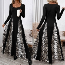 Fashion Square Neck Long Sleeve High-rise Leopard Printed Spliced Maxi Dress