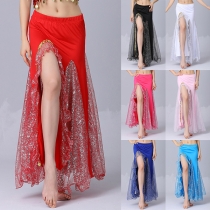 Sexy Bling-bling Gauze Spliced High Slit Low-rise Dance Skirt