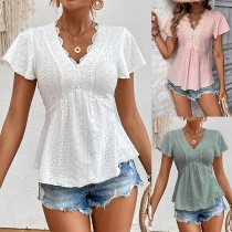 Fashion Lace Spliced V-neck Ruffle Cap Sleeve Hollow Out Shirt
