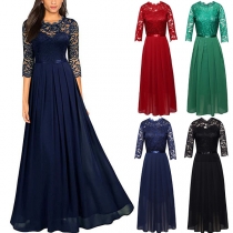 Fashion Crew Neck Elbow Sleeve Lace Spliced Chiffon Maxi Party Dress