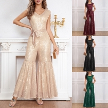 Fashion Bling-bling Sequined V-neck Sleeveless Self-tie Waist Wide-leg Jumpsuit