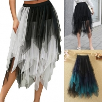 Fashion High-rise Irregular Hemline Contrast Color Tutu Gauze Skirt