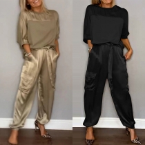 Fashion Two-piece Set Consist of Elbow Sleeve Shirt and Self-tie Pants
