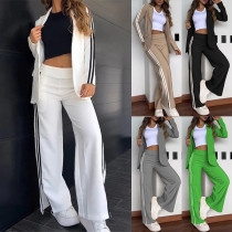 Fashion Side Stripe Printed Two-piece Set Consist of Blazer and Wide-leg Pants