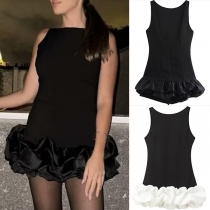 Fashion Crew Neck Sleeveless Backless Ruffle Hemline Mini Dress