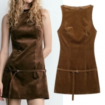 Vintage Solid Color Crew Neck Sleeveless Corduroy Tank Dress with Belt