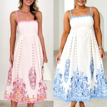 Fashion Contrast Color Floral Printed Square Neck Sleeveless Slip Dress