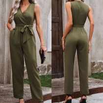 Fashion Solid Color V-neck Sleeveless Self-tie Straight-cut Jumpsuit