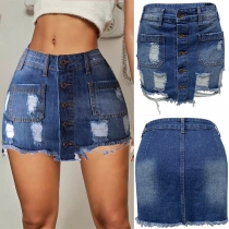 Fashion High-rise Distressed Old-washed Denim Skirt
