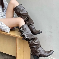 Slouched Pointed-Toe Combat Boots with Dual Buckles