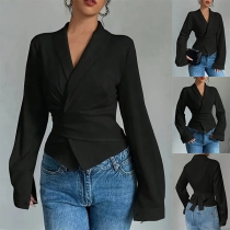 Elegant Lapel V-neck Long Sleeve Self-tie Blouse
