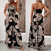 Bohemia Style Leave Printed Strapless Self-tie Wide-leg Jumpsuit