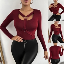 Fashion O-ring Strappy Square Neck Long Sleeve Shirt