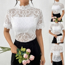 Fashion Mock Neck Short Sleeve Semi-through Jacquard Lace Shirt