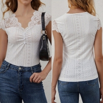 Fashion Lace Spliced V-neck Sleeveless Hollow Out Shirt