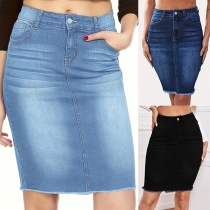 Fashion High-rise Frayed Hemline Old-washed Denim Skirt
