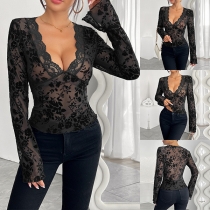 Sexy Lace Spliced V-neck Long Sleeve Jacquard Gauze Shirt