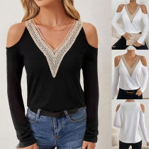 Sexy Lace Spliced V-neck Open-shoulder Long Sleeve Shirt