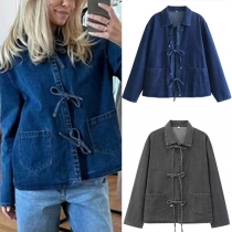 Fashion Stand Collar Long Sleeve Front Bowknot Denim Jacket