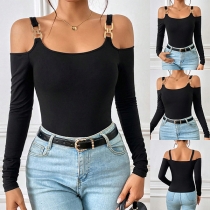 Fashion Buckle Open-shoulder Long Sleeve Cami Shirt