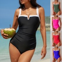 Fashion Contrast Color Square Neck Slit V-neck Monokini/One-piece Swimsuit