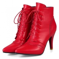 Vintage Lace-Up Heeled Ankle Boots with Floral Cutouts