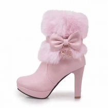 Furry Snow Boots with Bow Detail and Platform Sole