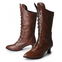 Burgundy Victorian-Style Heeled Boots