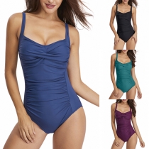Fashion Solid Color Ruched Sweetheart Neckline Monokini