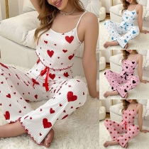 Fashion Heart Printed Two-piece Loungewear Set Consist of Crop Cami Shirt and Straight-cut Pants