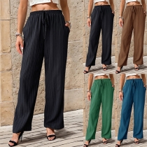 Casual Elastic Drawstring Waist Straight-cut Texture Pants