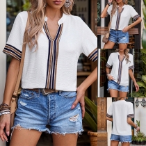 Fashion Contrast Color Stripe Printed V-neck Short Sleeve White Shirt