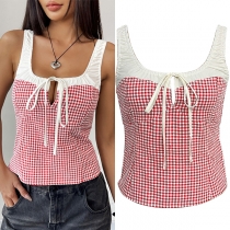 Fashion Contrast Color Plaid Self-tie Square Neck Front Cutout Sleeveless Tank Top